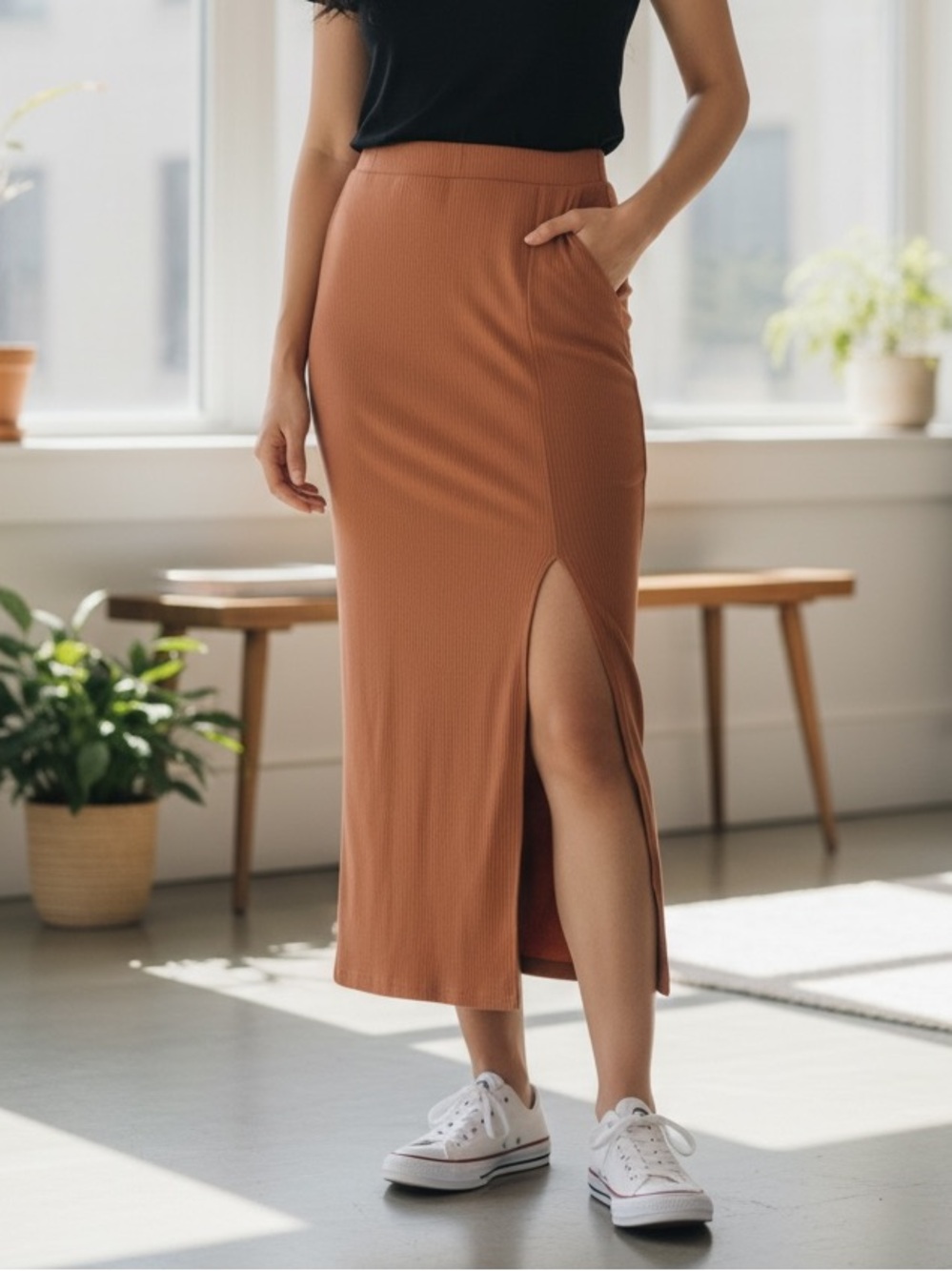 Terracotta Maxi Pencil Skirt with Asymmetrical Slit